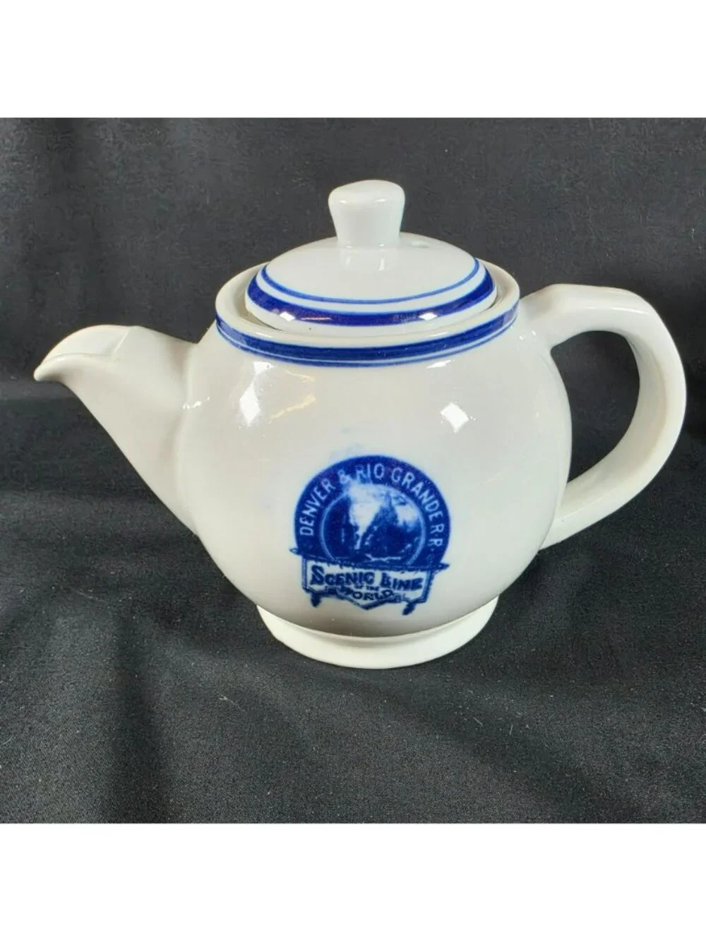 Set of 2 Denver & Rio Grande Railroad Tea Pots Blue Logo Souvenir Reproduction
